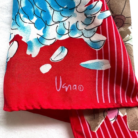 VERA Scarf Rectangle Ponytail Headband Red Blue Floral Made in Japan Hand Roled - Picture 3 of 6